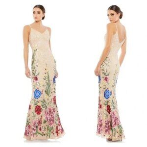 Mac Duggal 5475 Floral Embellished Spaghetti Strap Gown Size 0 NWT Nude Multi
